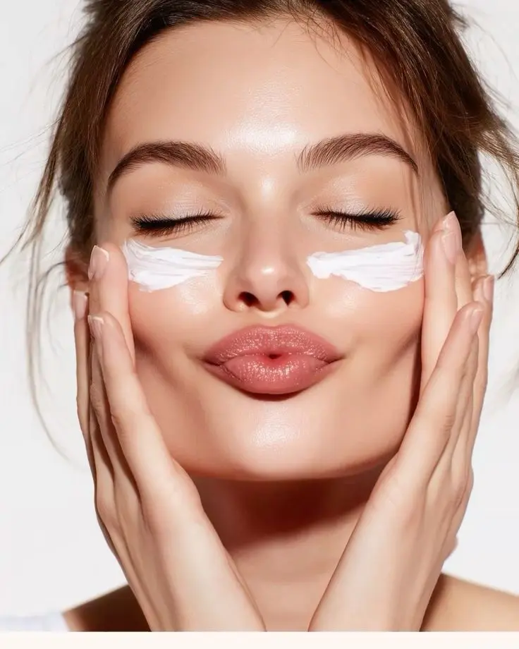 women gently applying face cream with both hands, smiling with eyes closed.