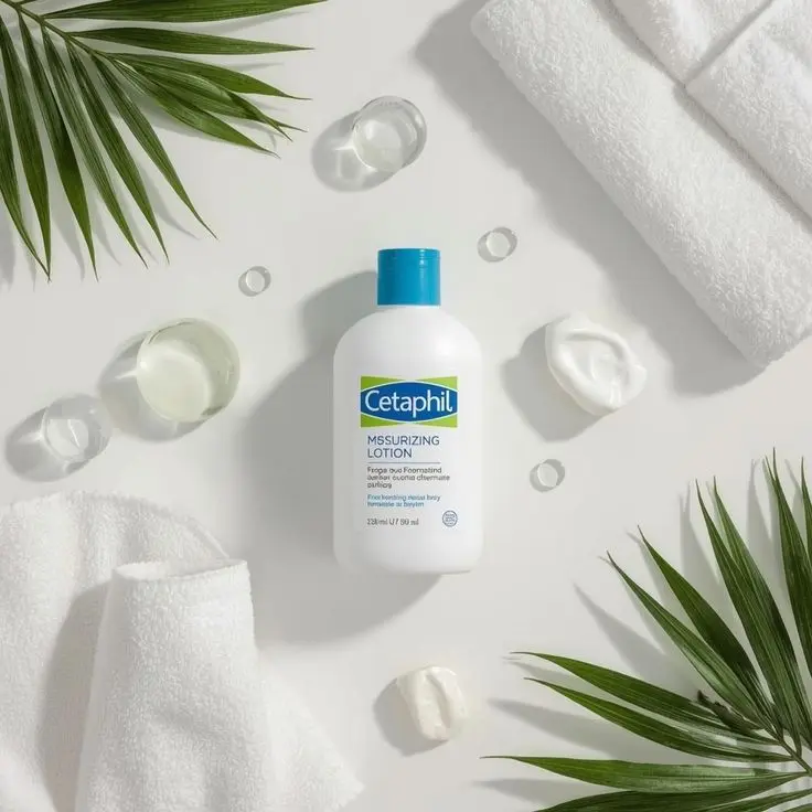 cetaphil moisturizer 💧 gentle skincare for healthy glowing skin product bottle in white background and water drops shown.