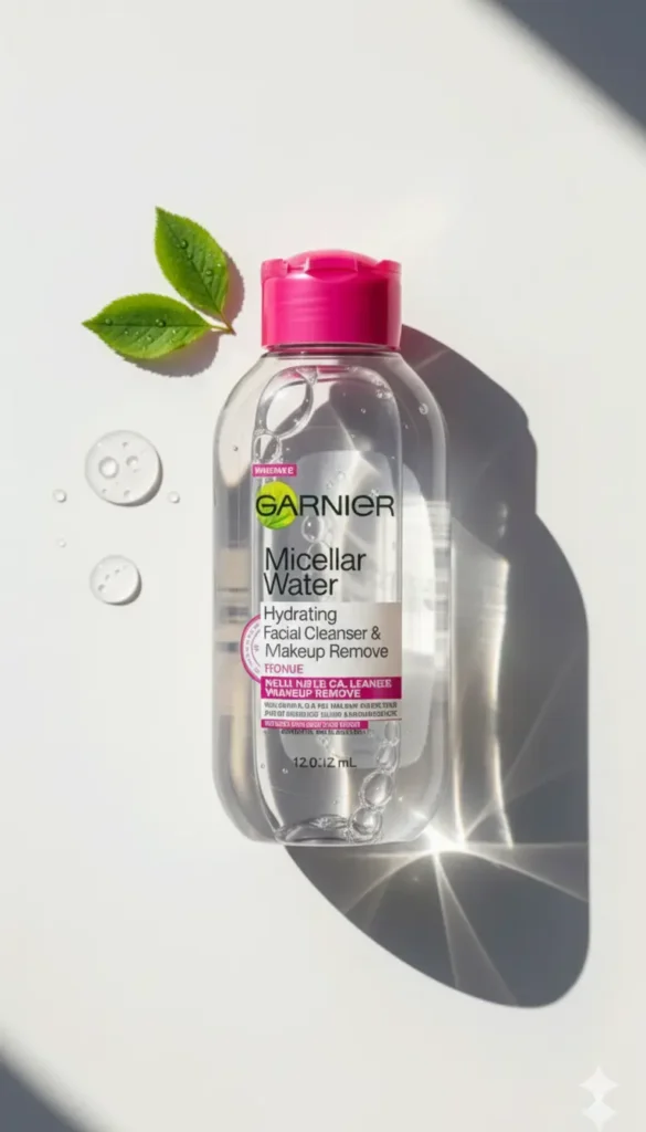 FACE MAKEUP OF GARNIER MAKEUP REMOVER WITH BACKGROUND LEAF AND WATER DROPS