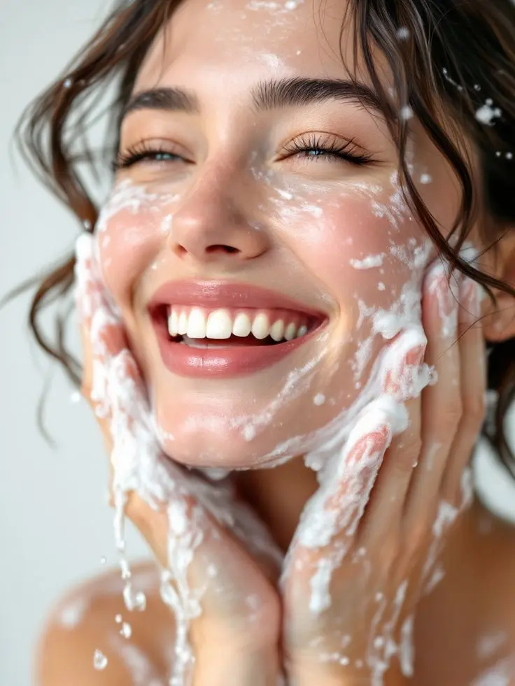 smiling women washing her face with a foamy cleanser.