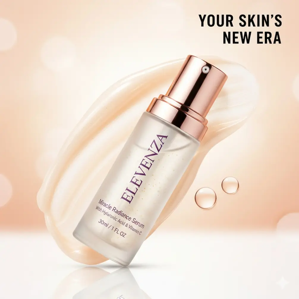 elevenza cosmetics miracle radiance serum with glosy cream background