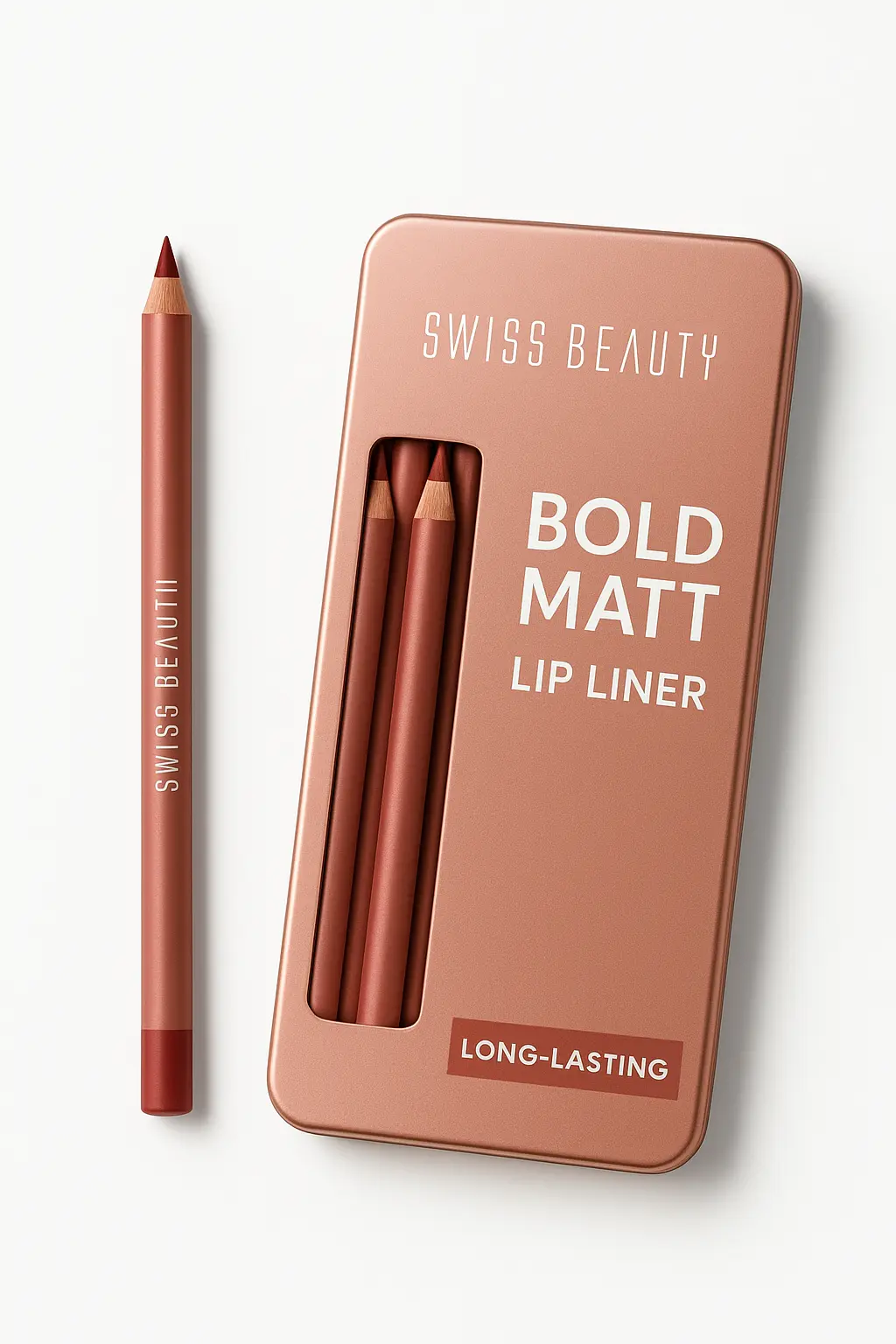 swiss beauty bold matte lip pencil with product box in pink color.